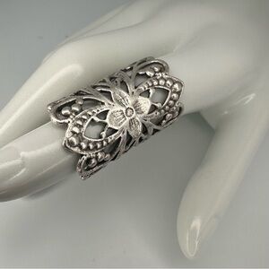 Boho Filigree Floral Ring – Silver Plated Adjustable Statement Jewelry – NWT